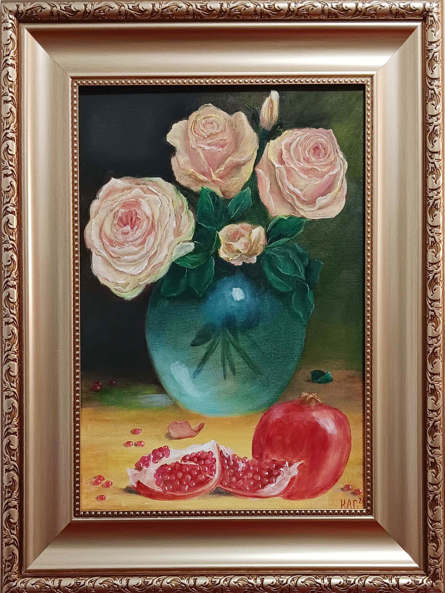 Pink Roses & Pomegranates Original Oil Painting