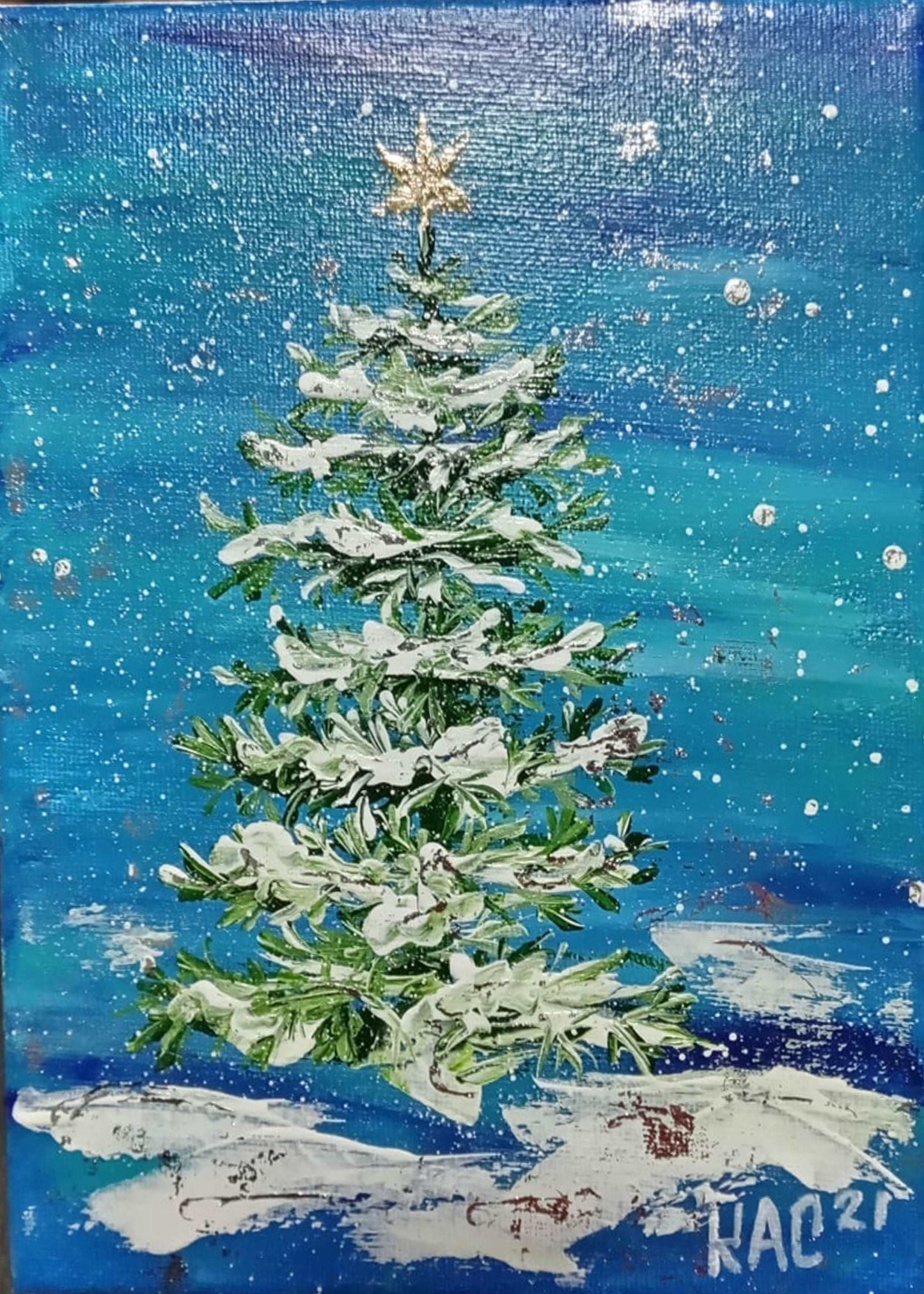 Original winter painting with acrylic paints - miniature - "Snowy Christmas Tree"-Original and the only painting