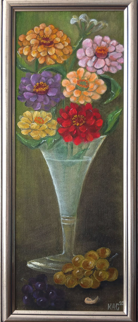 Bouquet-of-zinnias-in-a-glass-and-grapes-Still-life-oil-painting
