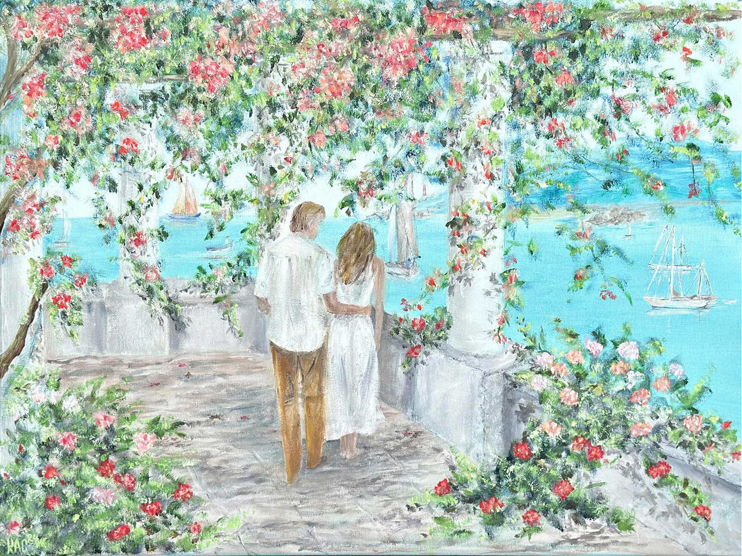 Summer-nature-painting-oil_paints-sea-Vintage-flowers-trumpet-vine-boats-ships-sailing_ships-yachts-Love-lovers-ocean-mountains-sailboats-people-handpainted-handmade-Красимира_Сталева-КАС-Krasimira_Staleva