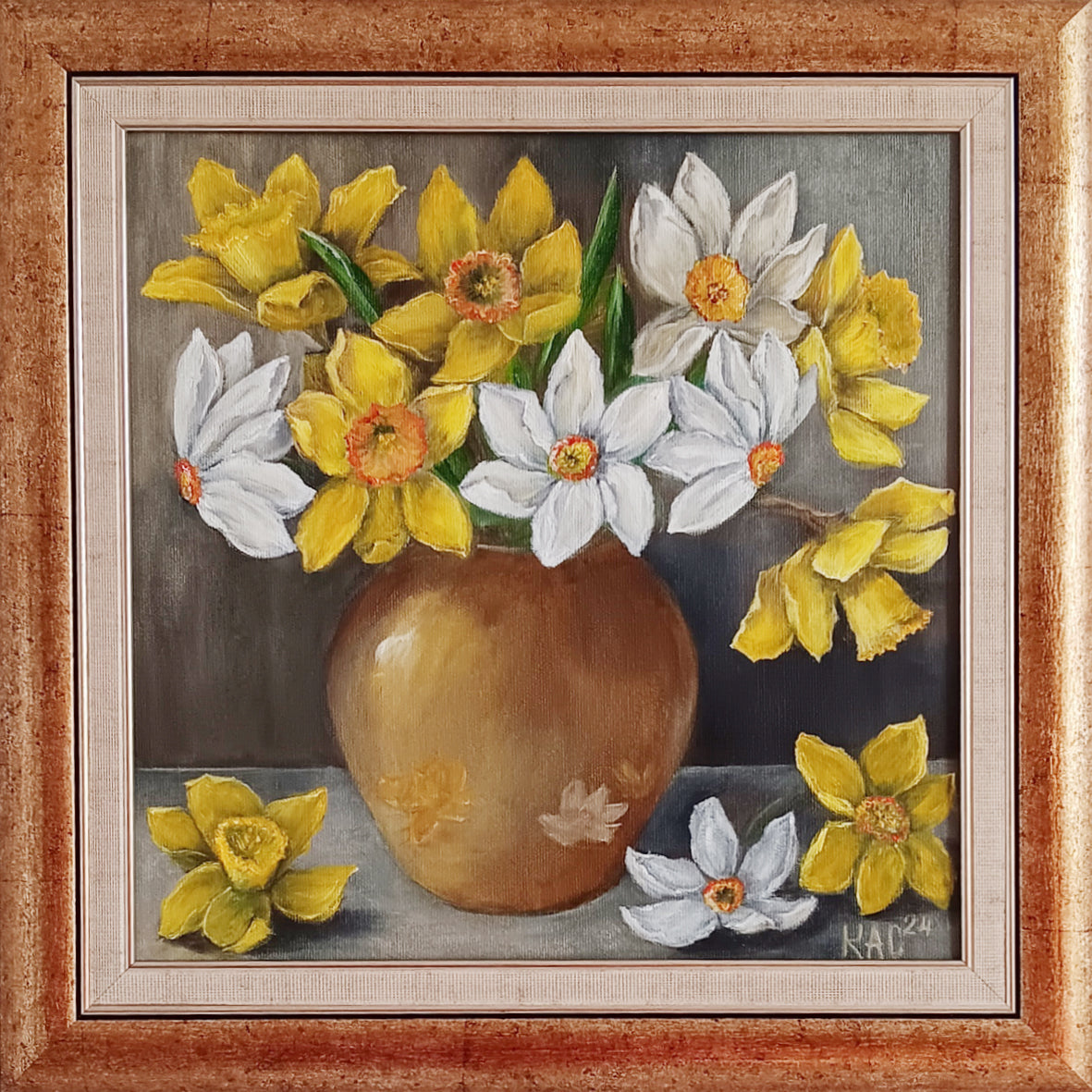 Hand-painted daffodils in a golden vase, oil on canvas by Krasimira Staleva, framed 30x30cm floral artwork.