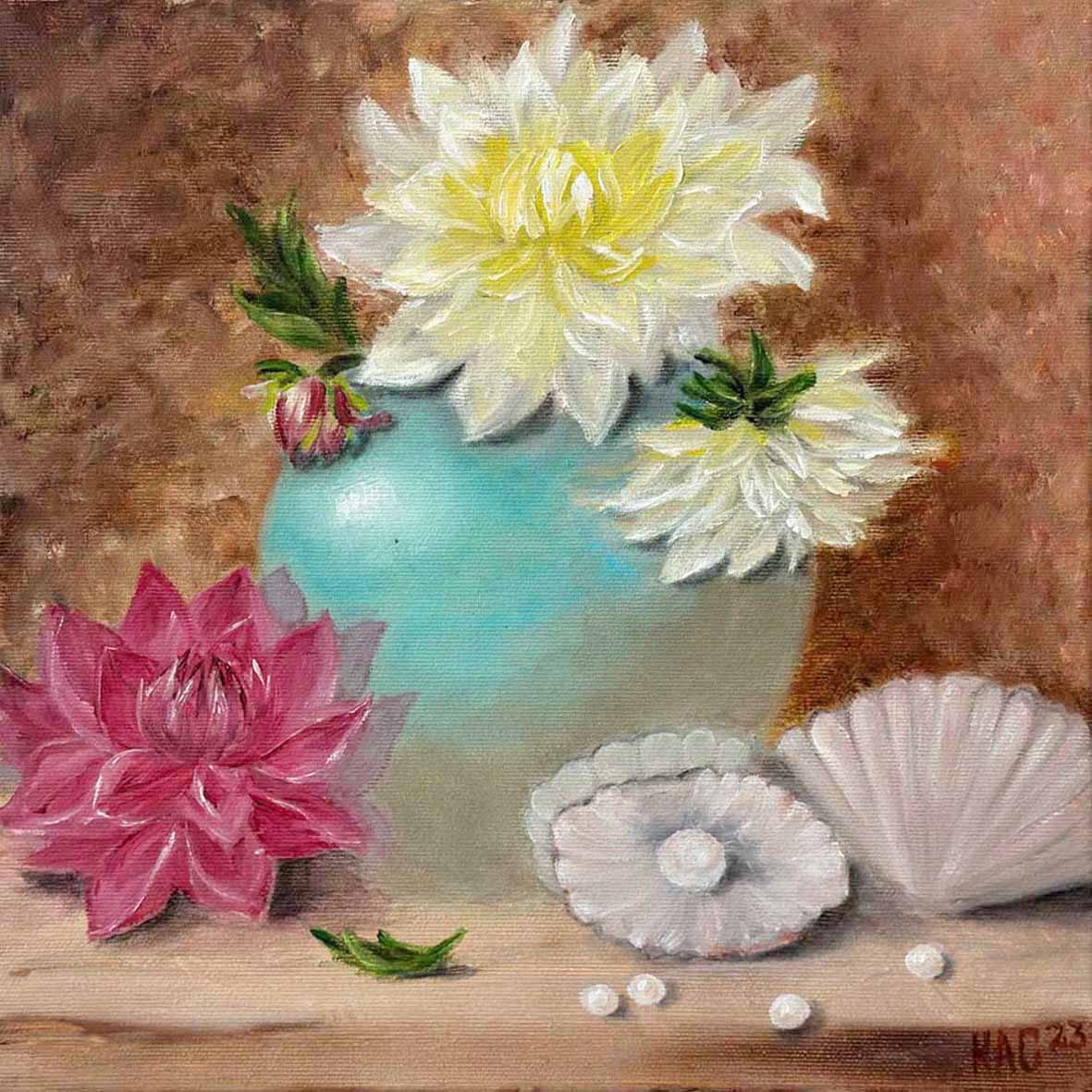 Dahlias Flowers Pearls Vase Yellow White Pink Seashells Blue Vintage