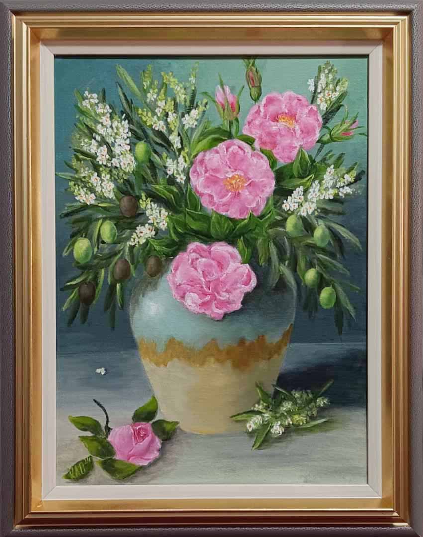 Original oil painting featuring vibrant pink Damask roses and olive branches with green and black olives in a rustic ceramic vase, presented in an elegant gold and grey frame.