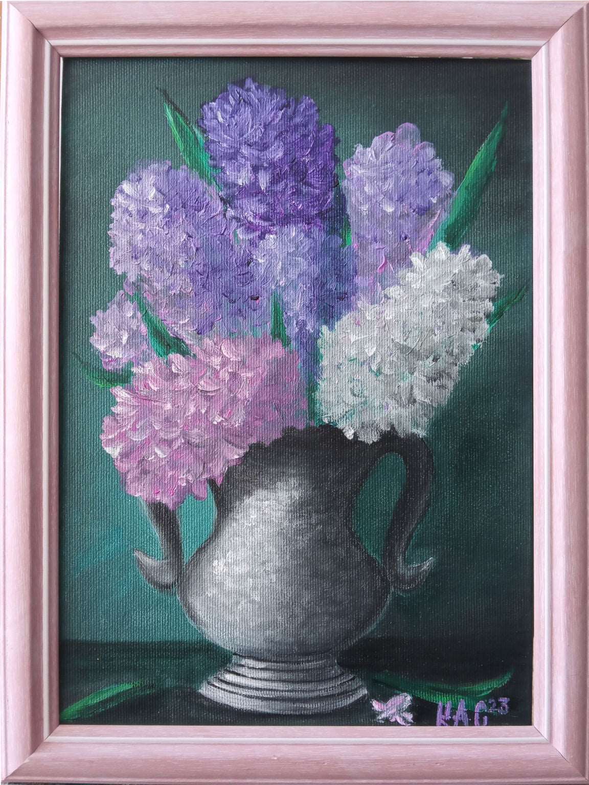 Hyacinths-flowers-vase-pink-blue-white-Vintage-Spring-frame-hand painted-handmade