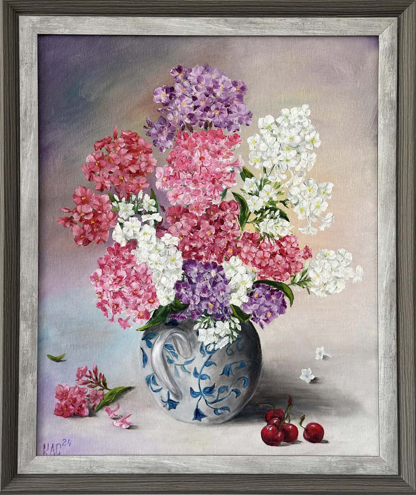 Phlox-flowers-Summer-flower-Pink-Red-White-Purple-cherries-vase-porcelain-Original-Hand-Painted-Oil-Painting-still-life-on-canvas-for-sale-by-artist