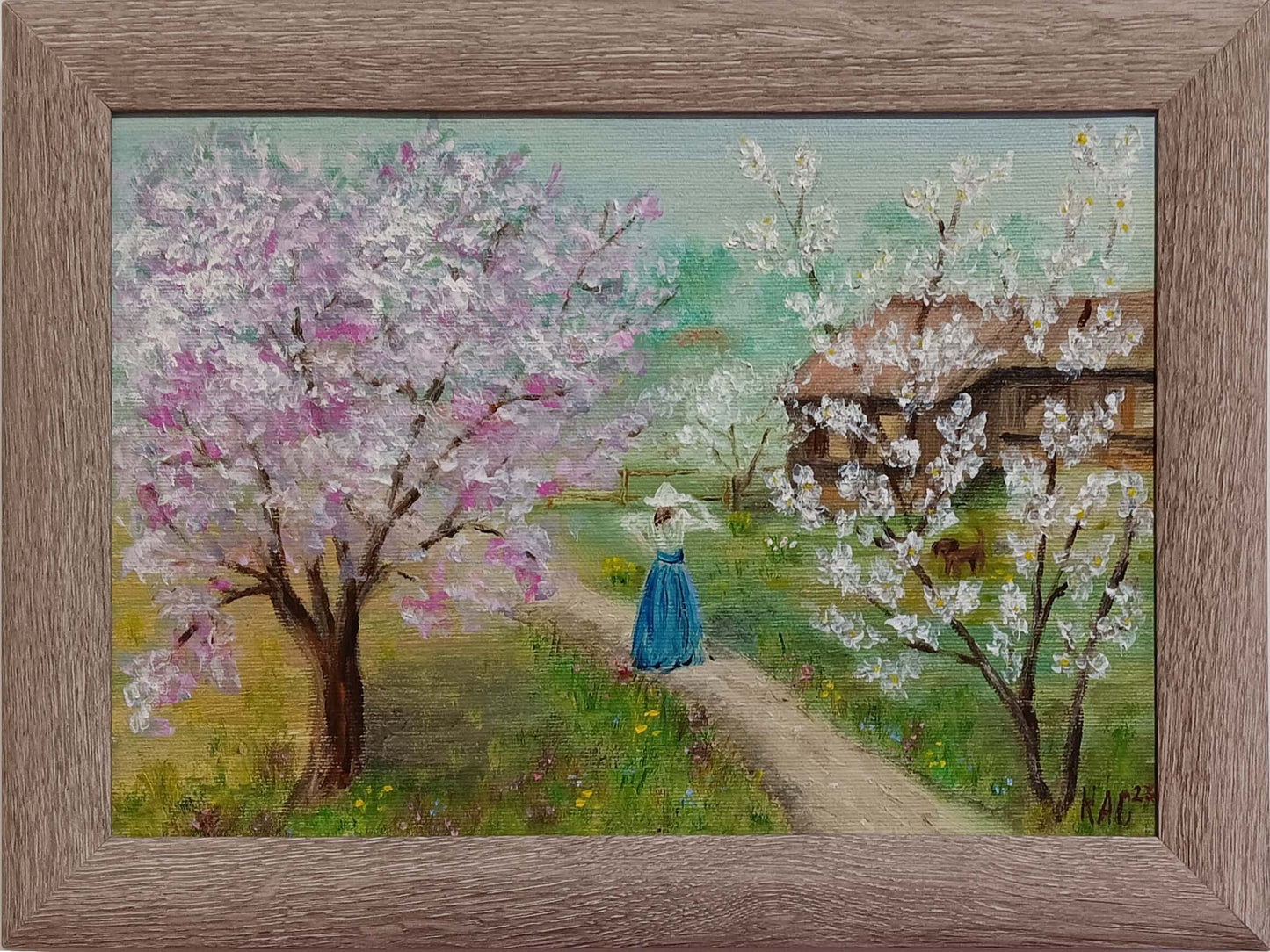 Spring-walk-path-house-ranch-woman-dog-pink-white-blooming-trees-vintage-hand-painted-handmade-original-oil_paintings-near_mepaints-canvas-oil-unique-on_canvas-Art-Home-Decor-painting-paintings_for_sale-paintings_on_canvas-paintings_near_me