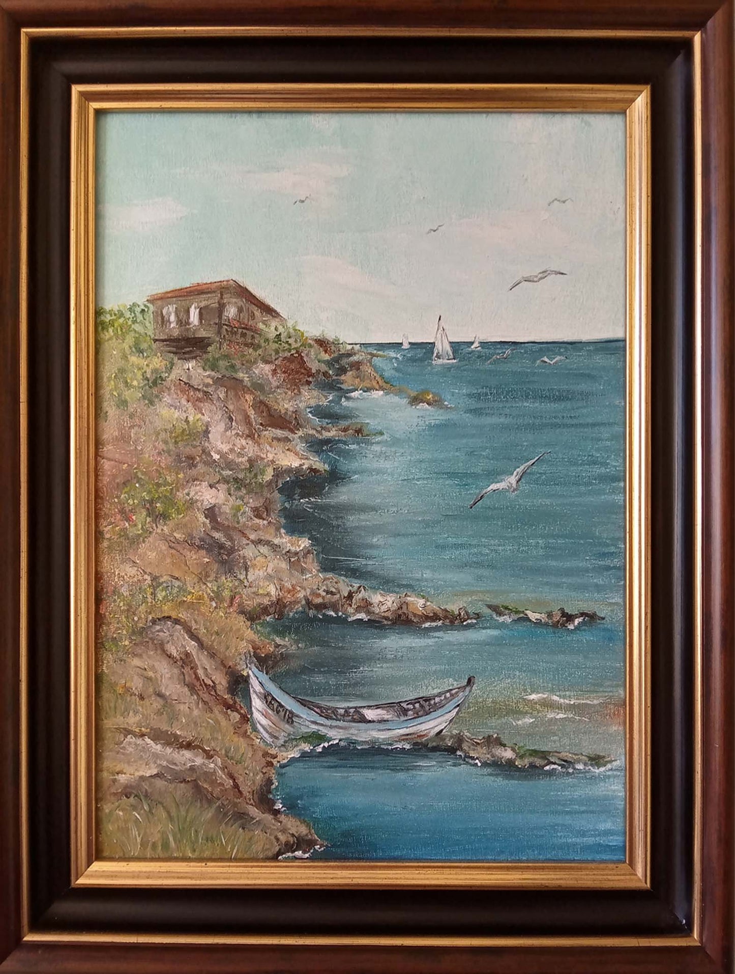 The-Fisherman's-House-Summer-Seascape-fisherman- sea-Summerhouse-sailboat-fishingboat-seagulls-fishing-boat-Original-Hand-Painted-Oil-Painting-still-life-on-canvas-for-sale-by-artist