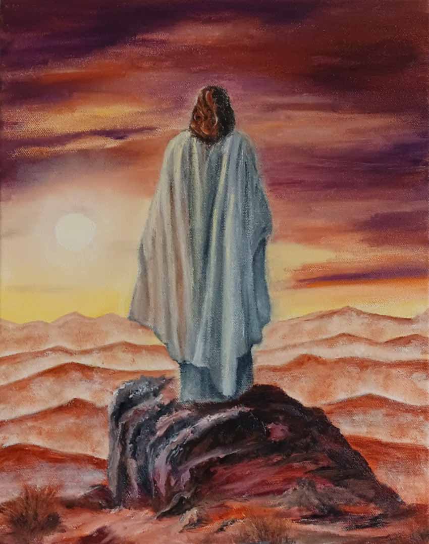 Original oil painting on canvas titled 'The Prayer', featuring a serene, spiritual landscape with Jesus Christ in prayer, bathing in warm, divine light.