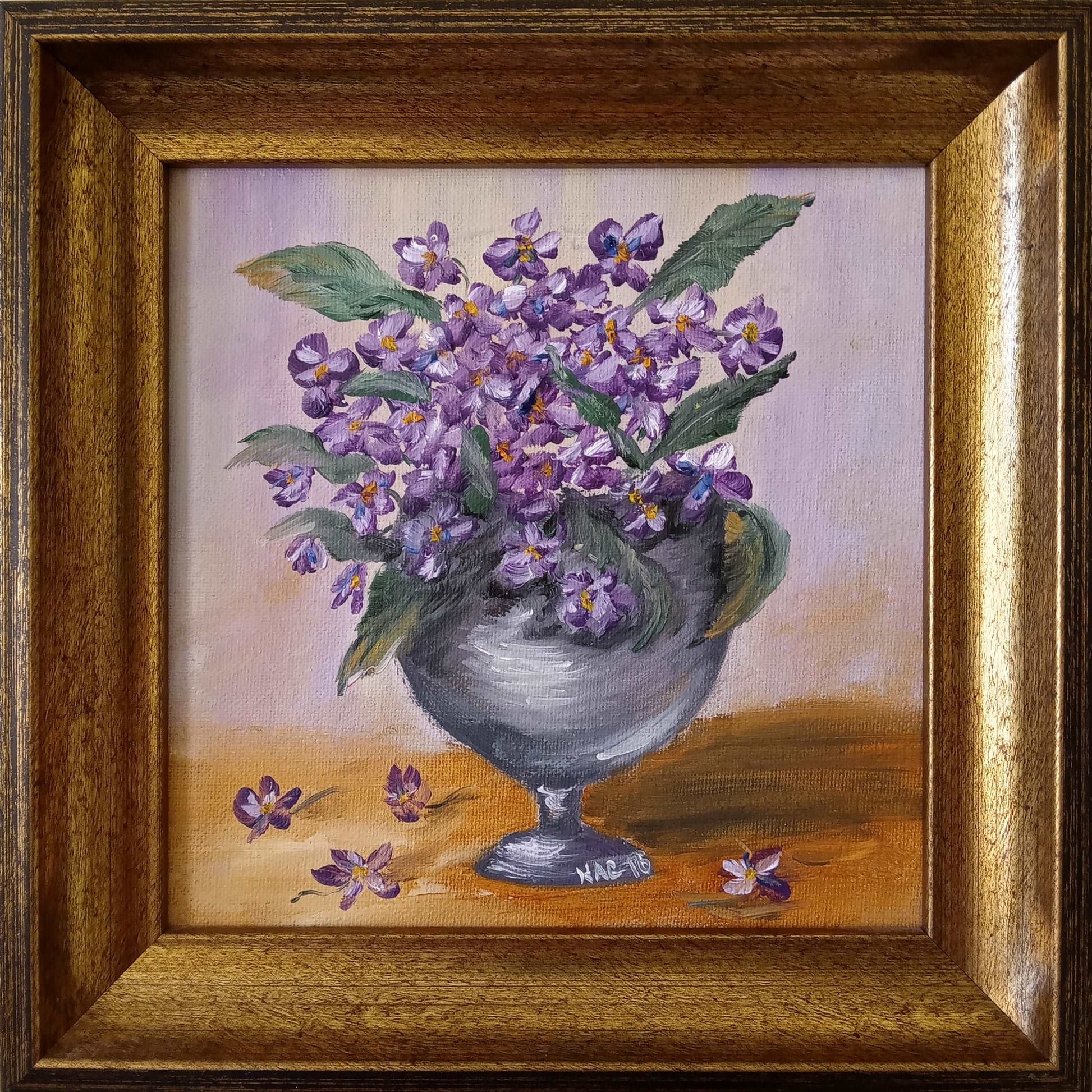 Original and unique oil painting on canvas - "Violets" - First spring flowers - Viola odorata