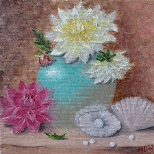 Dahlias and Pearls - Still Life - Vintage - Original and Unique Oil Painting