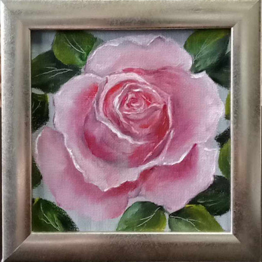 A Beautiful Pink Rose - Miniature - Original and unique oil painting