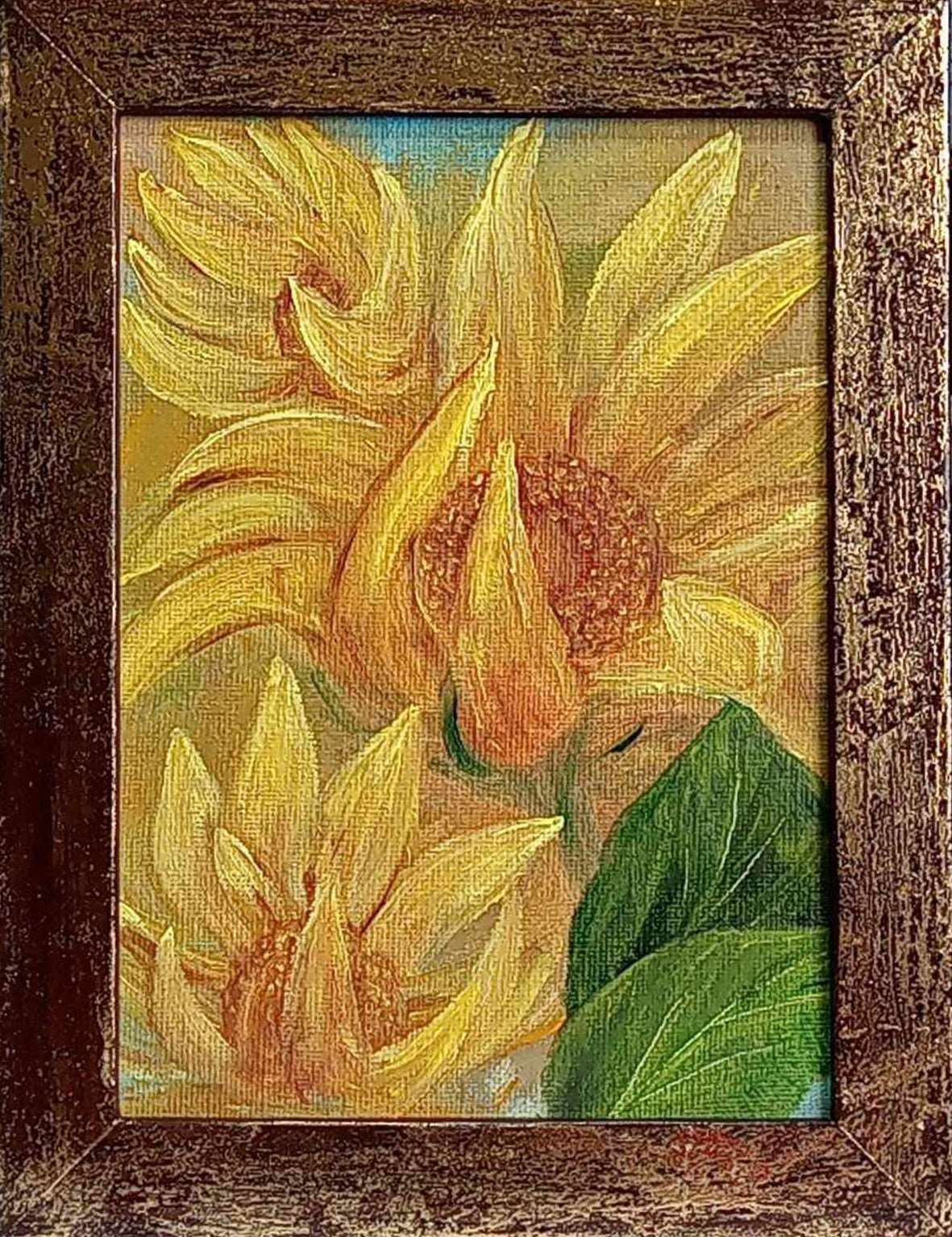 Sunflowers - Miniature - Original and unique oil painting with gilding