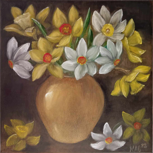 Daffodils in a golden vase - Still life - Original and unique oil painting on canvas