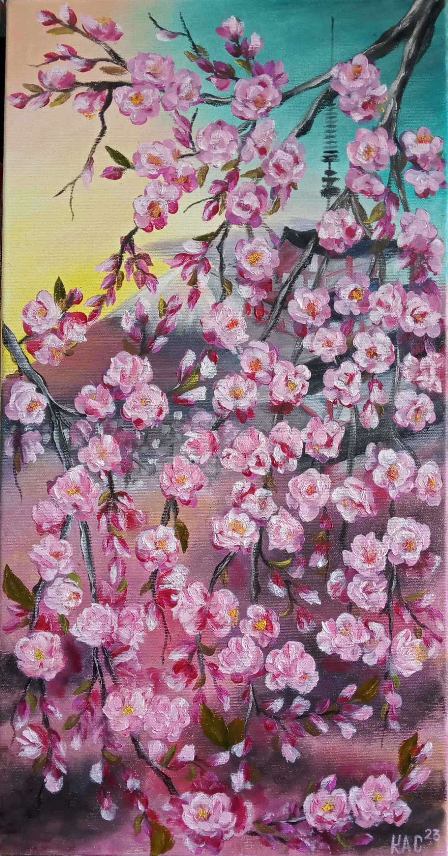 Spring Serenade in Pink- Sakura - Japanese Cherry Blossom - Original Oil Painting on Canvas