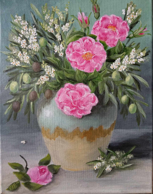 Damask Roses and Olives - Original, Unique, and Exquisite Oil Painting on Canvas - Still Life
