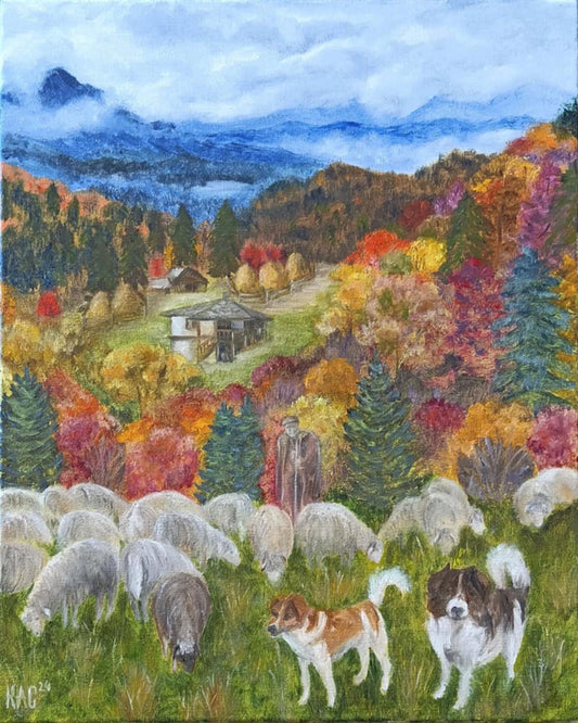 Autumn-mountains-house-forest-fog-oil_painting-palette-multi-colored-vegetation- shepherd-sheep-hay-sheepfolds-dog-dogs-hand_painted-handmade-Красимира_Сталева-КАС-Krasimira_Staleva-artist-художник