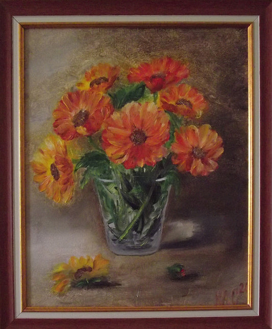 A bouquet of Calendulas in a cup - Calendula flowers - still life - an original and unique oil painting