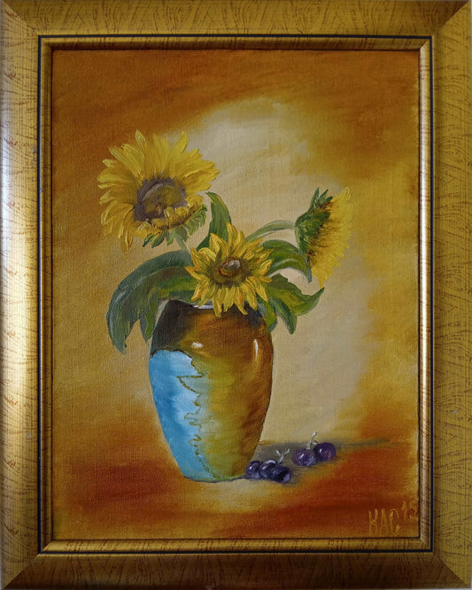 Sunflowers and grapes - Original and unique oil painting on canvas - flowers, spring, summer