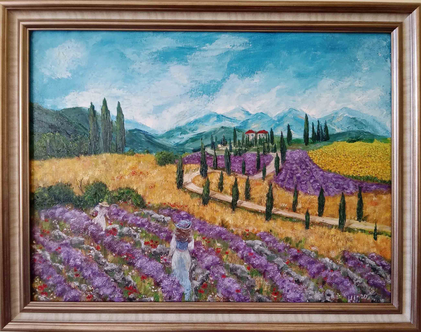 Original oil painting of two women walking through purple lavender and golden sunflower fields in Tuscany, Italy, with cypress trees and mountains in the background.