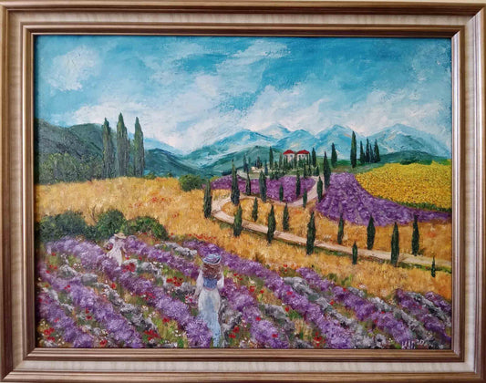 Original oil painting of two women walking through purple lavender and golden sunflower fields in Tuscany, Italy, with cypress trees and mountains in the background.