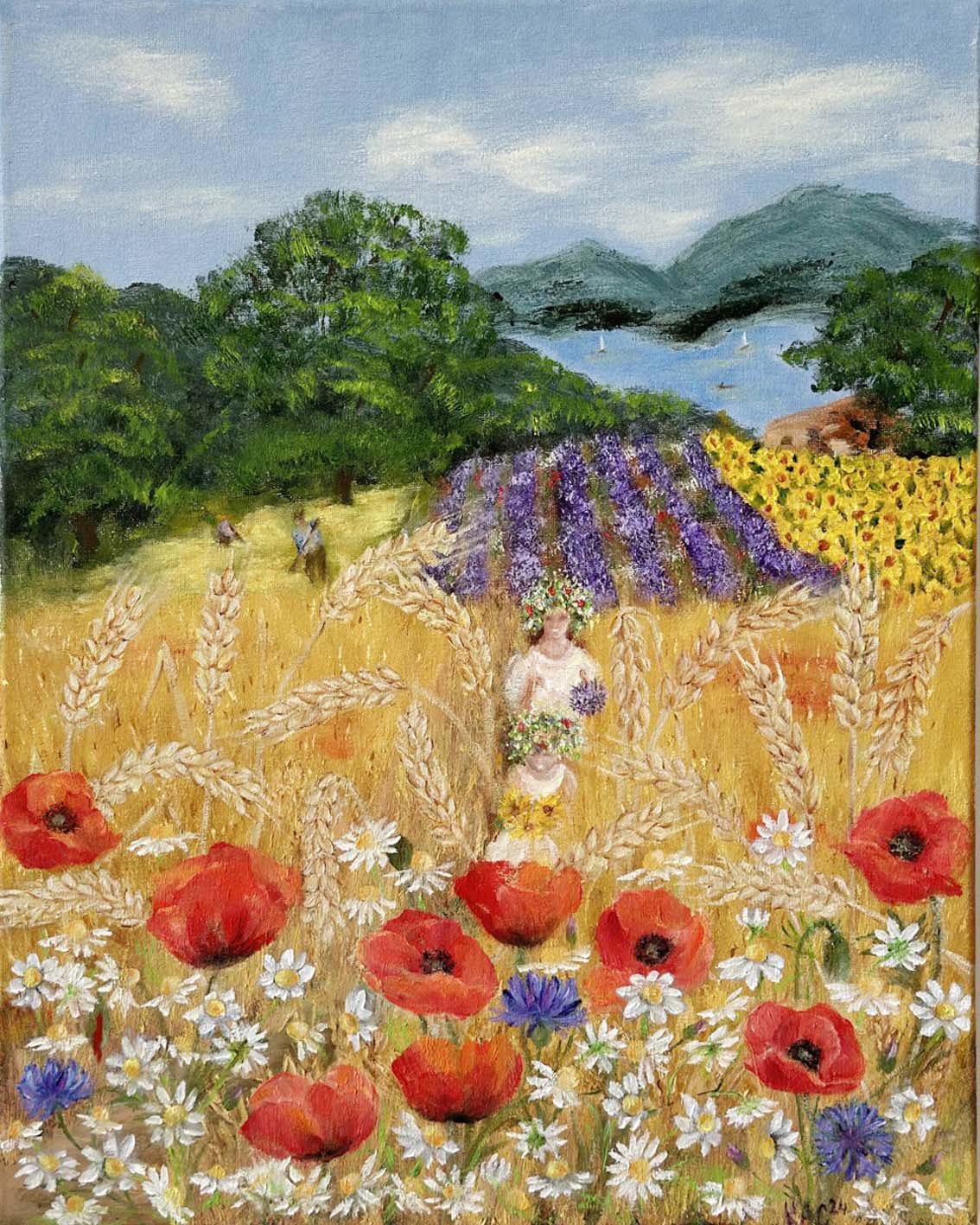 Summer-piece-nature-us-wheat-painting-field-harvest-field-flowers-lavender-sunflowers-chamomile-poppies-cornflower-wheat-hay-sea-mountains-boats-people-Original-Hand-Painted-Oil-Painting-still-life-on-canvas-for-sale-by-artist-Красимира_Сталева-КАС-Krasimira_Staleva-artist-художник