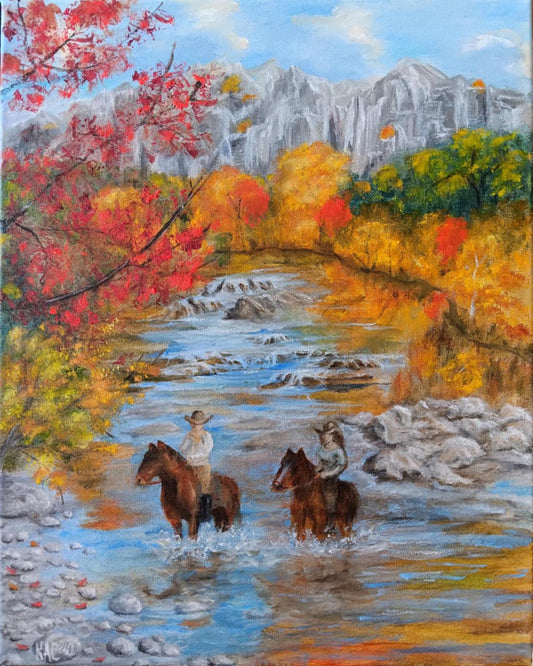 Autumn-rocks-river-forest-mountain-oil_painting-palette-multicolored-vegetation-horses-riders-horse-horsemen-Красимира_Сталева-КАС-Krasimira_Staleva-artist-художник