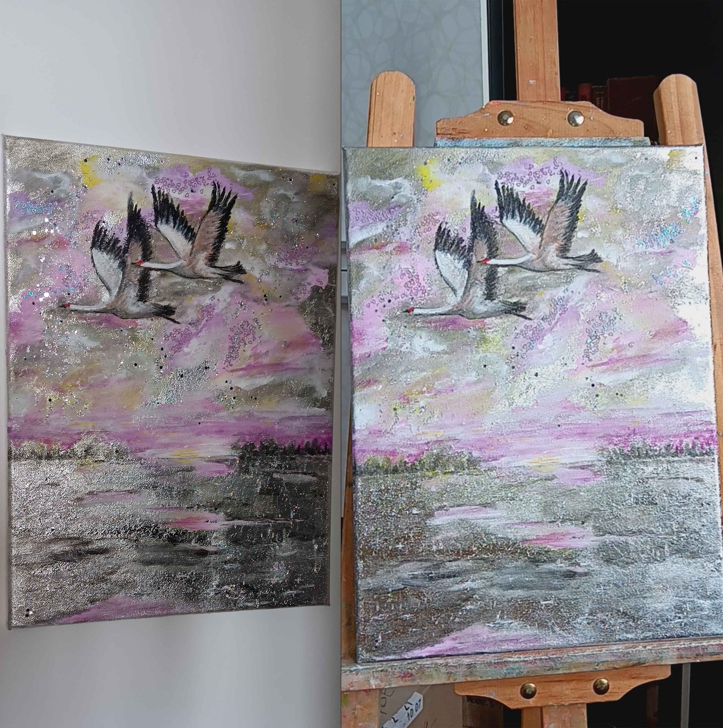 Silver painting of two cranes symbolizing eternal love, pink clouds and gold leaf accents, original art by Krasimira Staleva - KAC25.