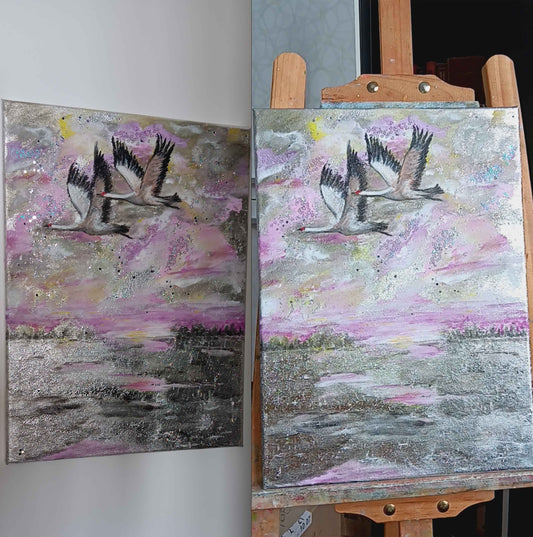 Silver painting of two cranes symbolizing eternal love, pink clouds and gold leaf accents, original art by Krasimira Staleva - KAC25.
