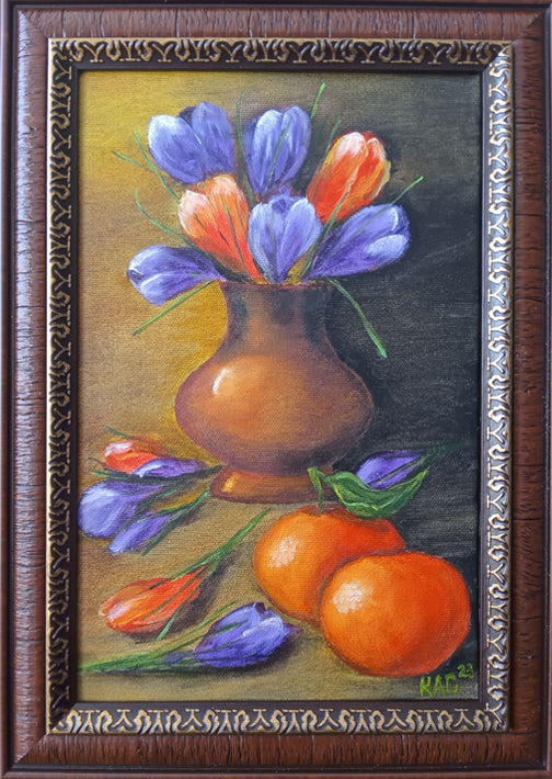 Tangerines-Crocuses-Vase-Spring-Spring-flowers-First-spring-flowers-still-life-oil-painting