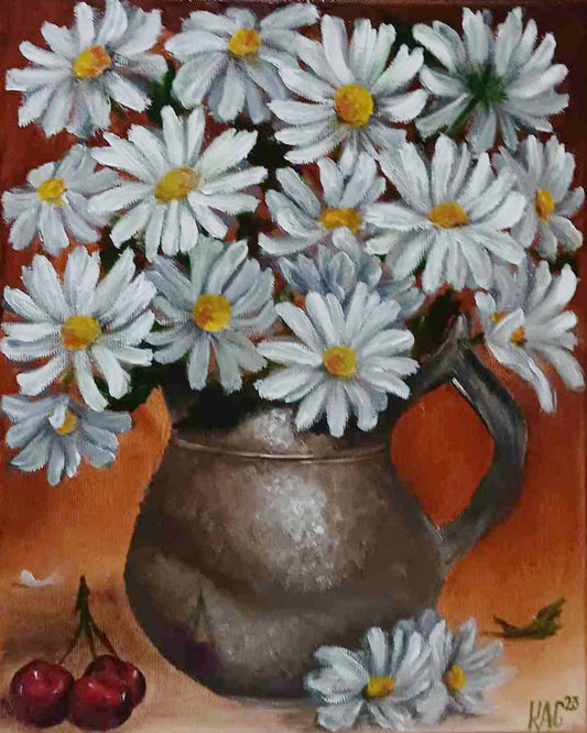 Original hand-painted oil painting showing a bouquet of white daisies in a dark forged silver or copper vase, with red cherries on a warm orange background.