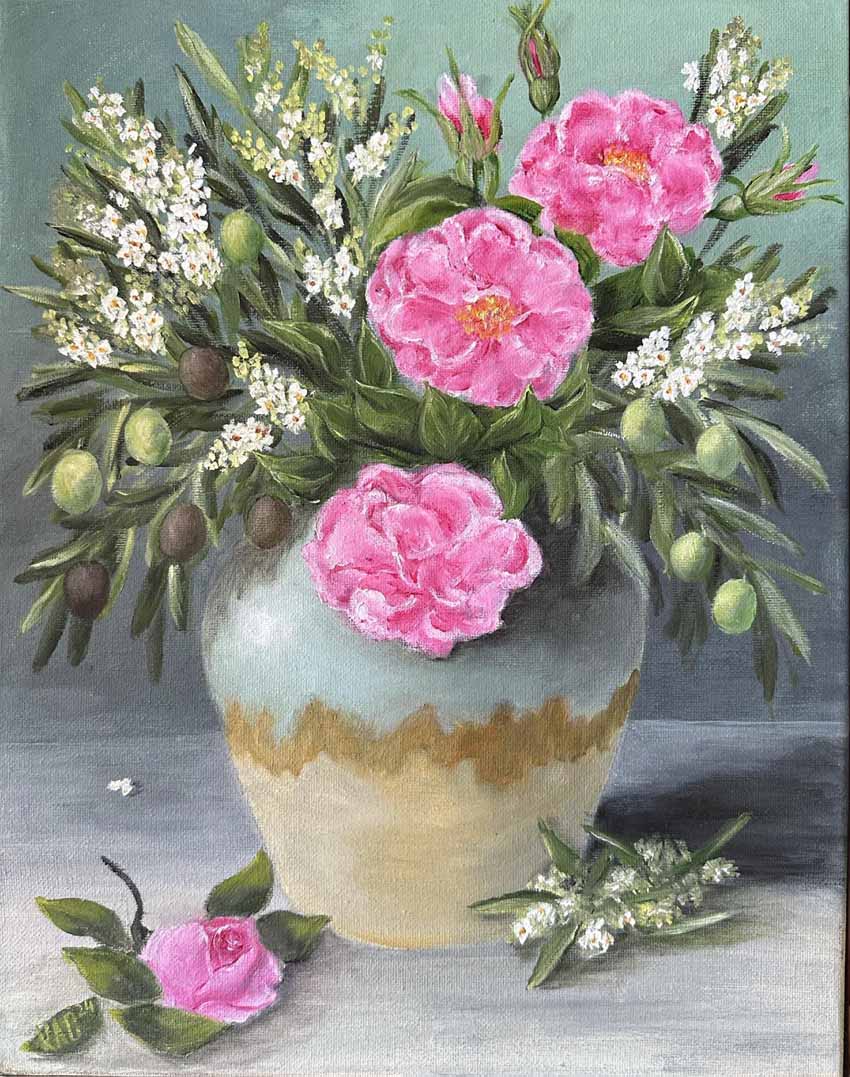 Original oil painting featuring vibrant pink Damask roses and olive branches with green and black olives in a rustic ceramic vase, presented in an elegant gold and grey frame.