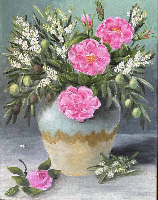 Original oil painting featuring vibrant pink Damask roses and olive branches with green and black olives in a rustic ceramic vase, presented in an elegant gold and grey frame.