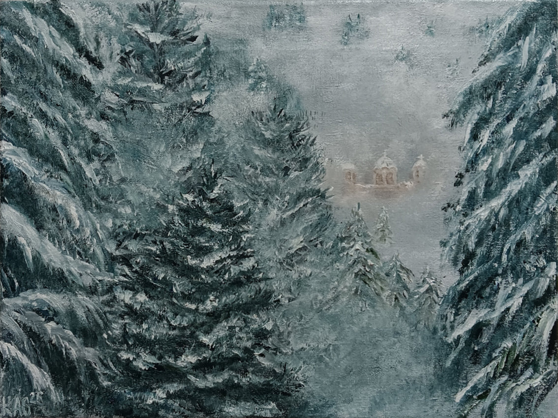 Oil painting of a misty winter forest with snow-covered pine trees and a distant, glowing Orthodox church appearing through the fog in soft blue and grey tones.