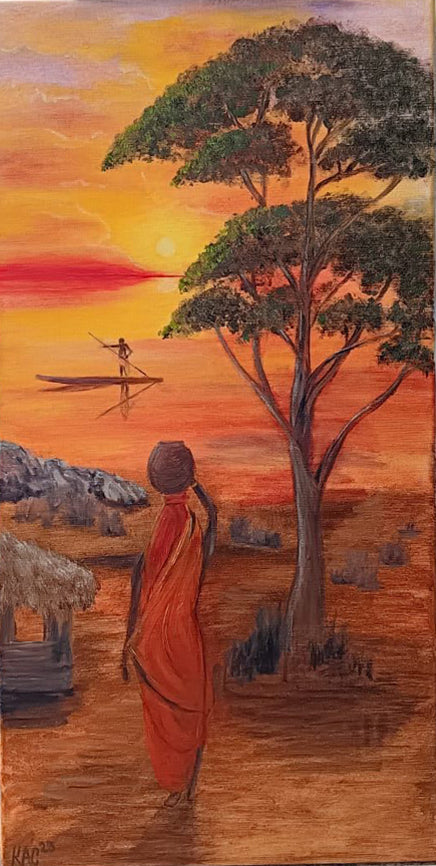 Africa-Fiery-African-village-man-Woman-sunset-sea-lake-Sun-Original-Hand-Painted-Oil-Painting-still-life-on-canvas-for-sale-by-artist