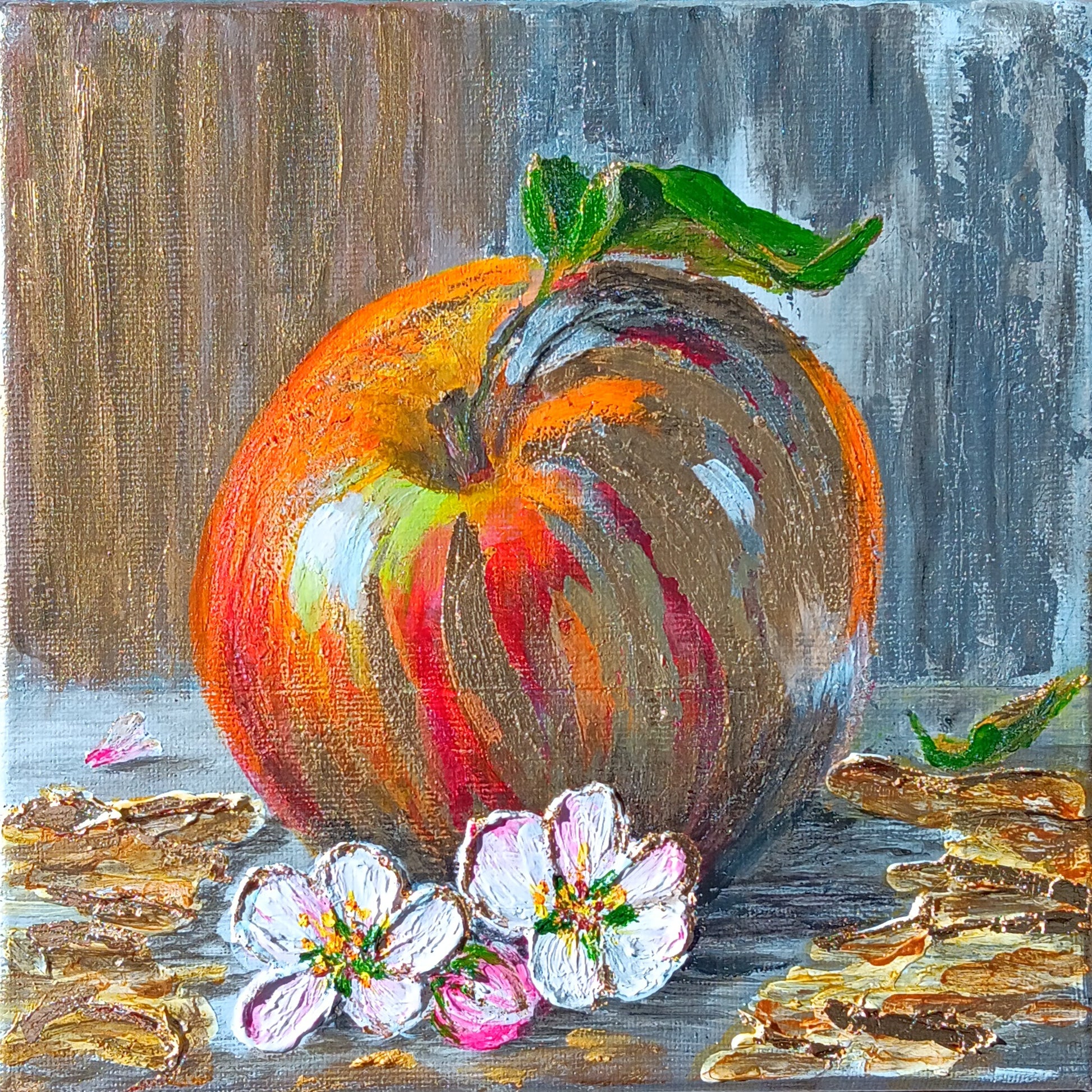 Forbidden Fruit: A common apple, painted in gold, for which Adam and Eve were exiled. 20x20cm mixed media exploring the divine power and the price of temptation.