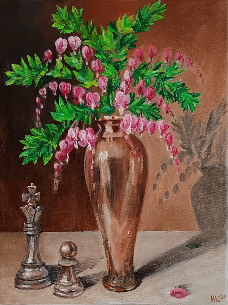 Still life painting with a vase of flowers and chess pieces on a table.
