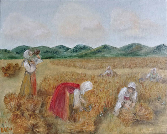 Harvesters-Hand-Harvesting-Summer-Landscape-Harvest-Wheat-Village-life-Wheatfield-Family-work-Original-Hand-Painted-Oil-Painting-still-life-on-canvas-for sale-by-artist