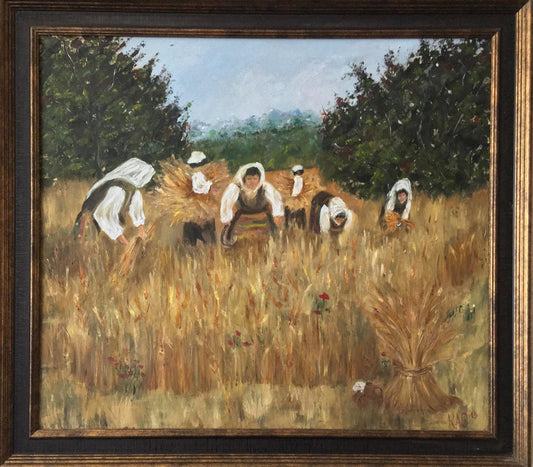 Harvesters-Hand Harvesting Wheat in a Summer Landscape - Original Oil Painting on Canvas