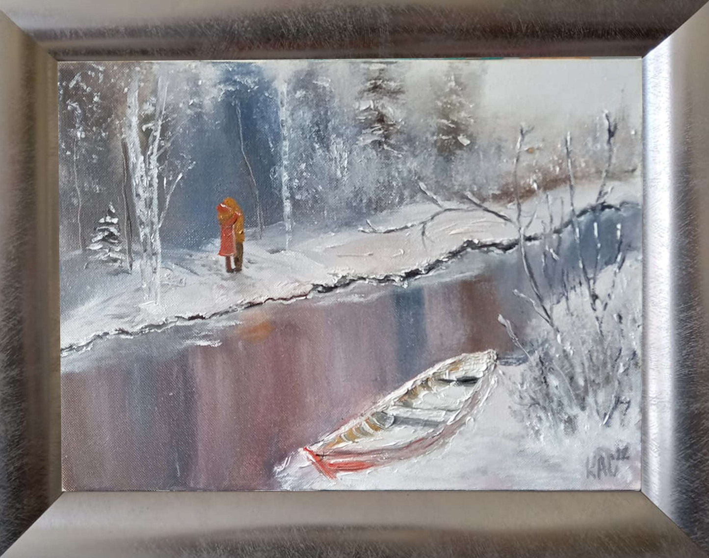 Hot_kiss-Winter-snow-lovers-forest-river-boat-hot-kiss-winter_landscape-oil_painting-picture-oil_paints-original-hand_painted-Krasimira_Staleva-KAC-Красимира_Сталева