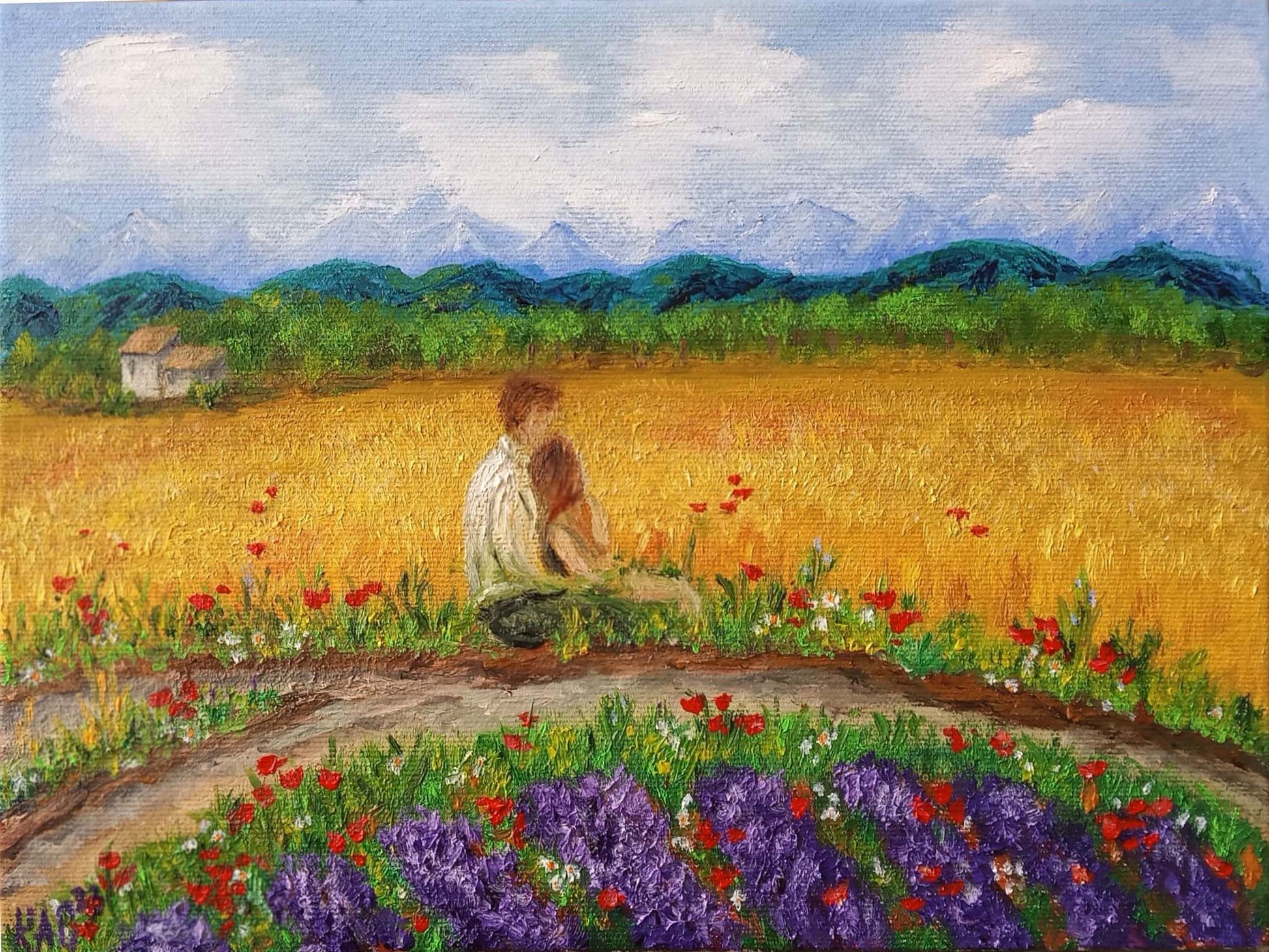 June-Love-first-among-Lovers-Hug-boy-girl-Wheat-poppie-chamomile-field-flowers-Lavender-Original-and-unique-oil-painting-on-canvas