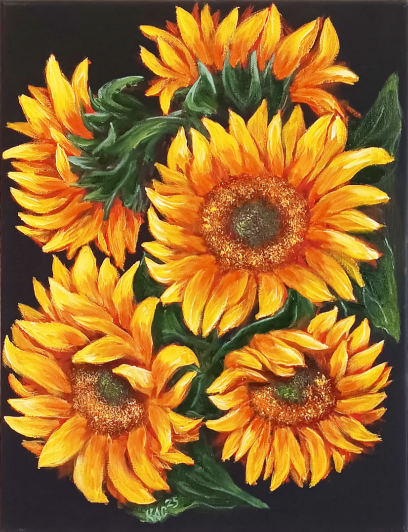 Painting of sunflowers on a black background