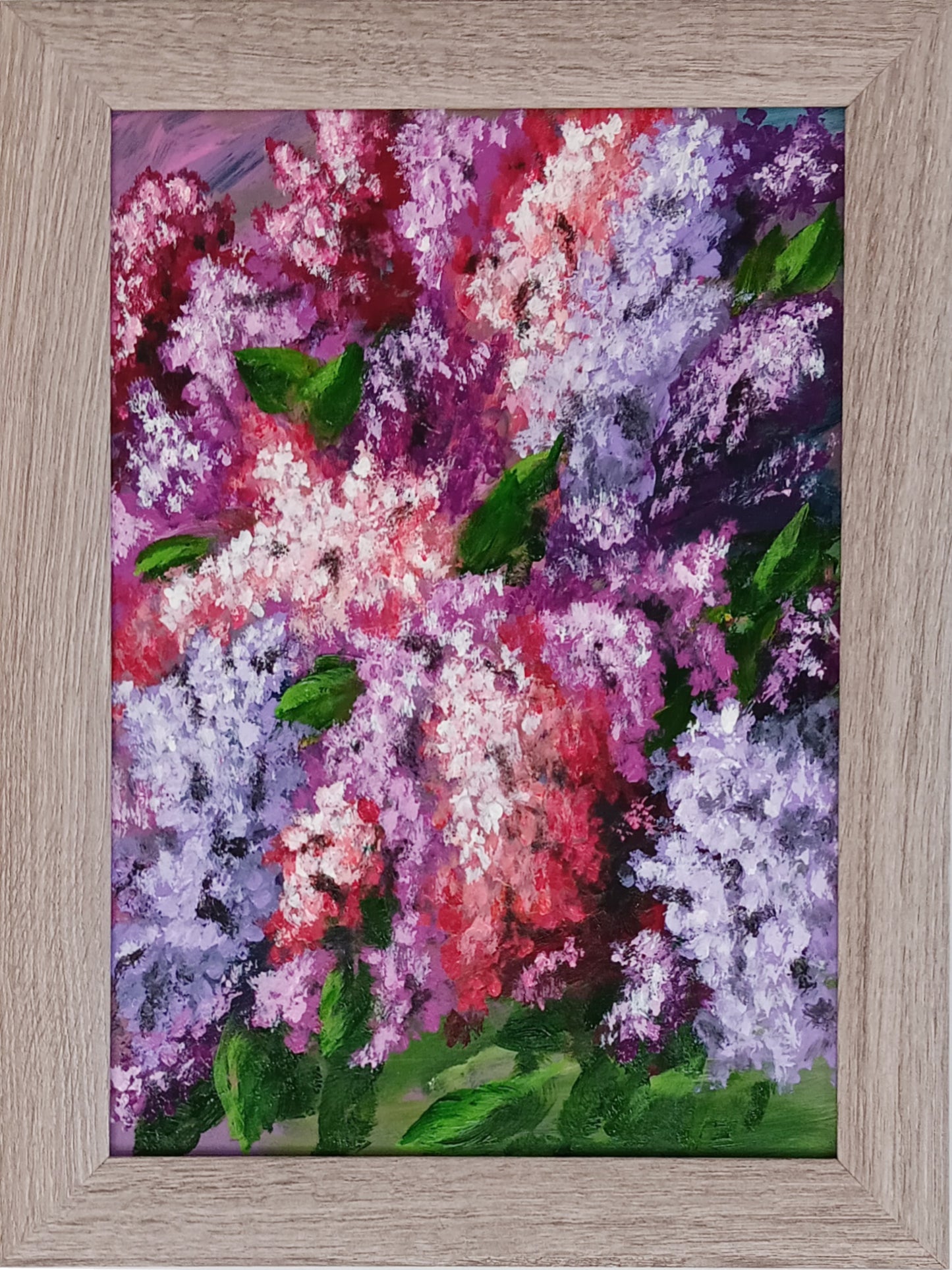 Impressionist acrylic painting of blooming purple and pink lilacs on plywood by Krasimira Staleva, 21x30cm/8.3 x 11.8 inches framed.