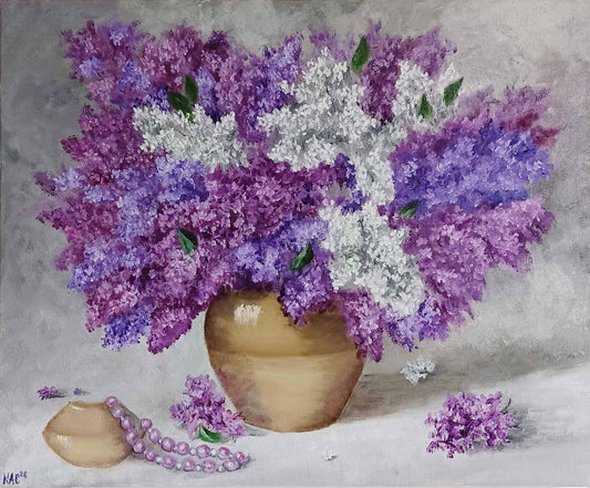 Original oil painting of purple and white lilacs in a brass vase with a pearl necklace on a white surface, 55x46cm canvas.