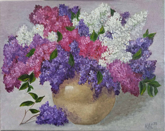 Original oil painting of purple and white lilacs in a round brass vase, floral still life by Krasimira Staleva.