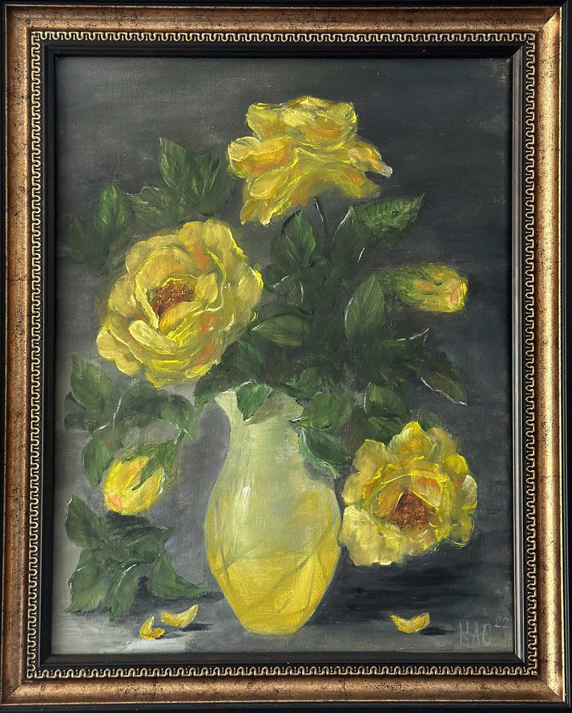 An original still life oil painting of vibrant yellow roses in a yellow vase against a dark grey background, enclosed in an ornate gold frame.