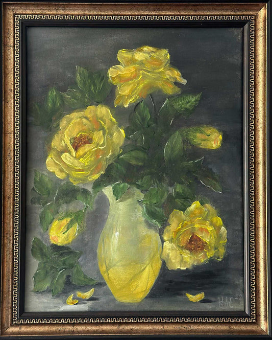 An original still life oil painting of vibrant yellow roses in a yellow vase against a dark grey background, enclosed in an ornate gold frame.