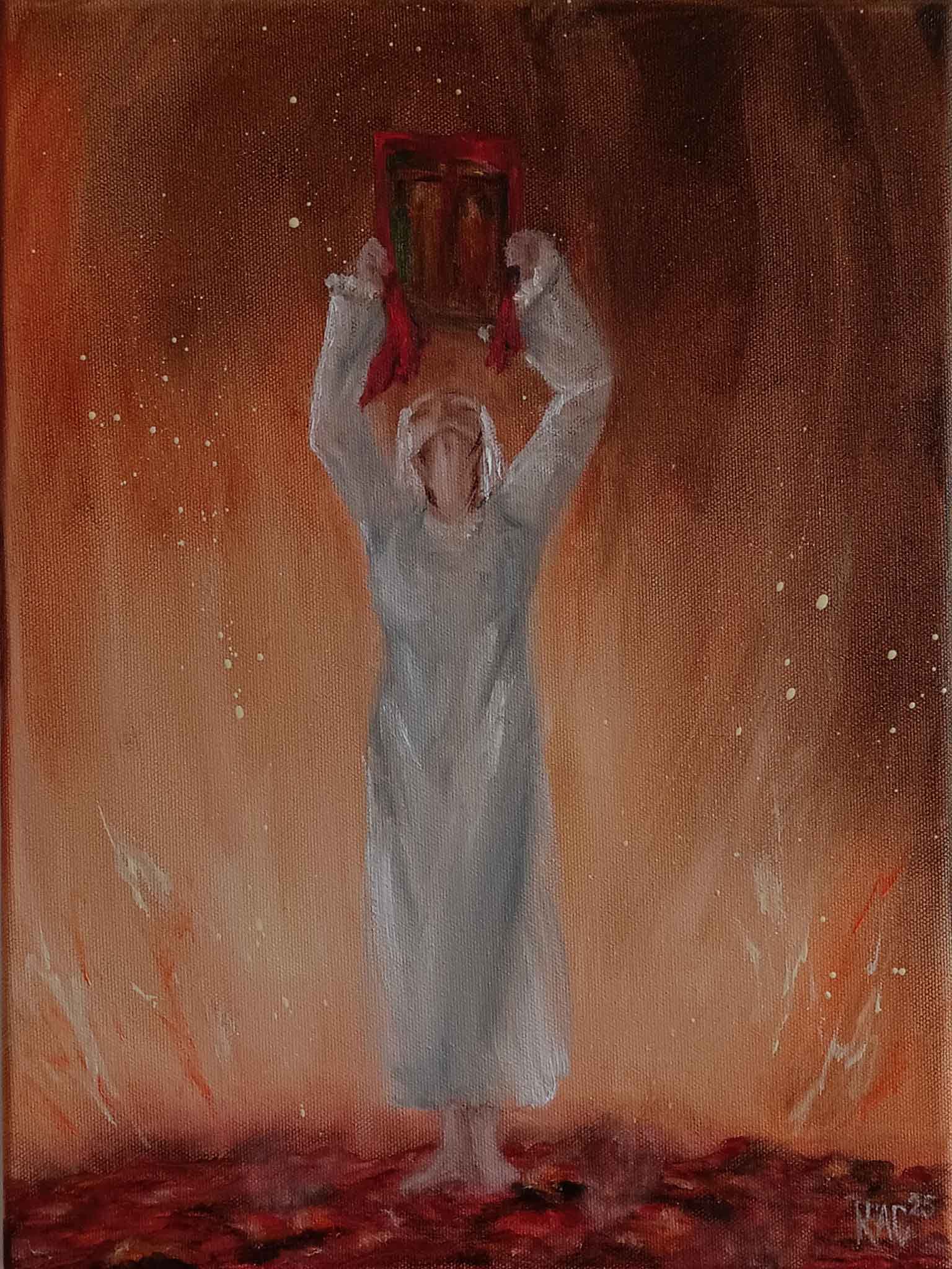 Nestinarka oil painting on canvas depicting a woman in a white dress holding a holy icon while dancing barefoot on glowing embers and fire.