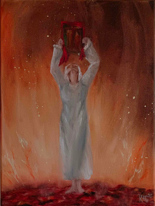 Nestinarka oil painting on canvas depicting a woman in a white dress holding a holy icon while dancing barefoot on glowing embers and fire.