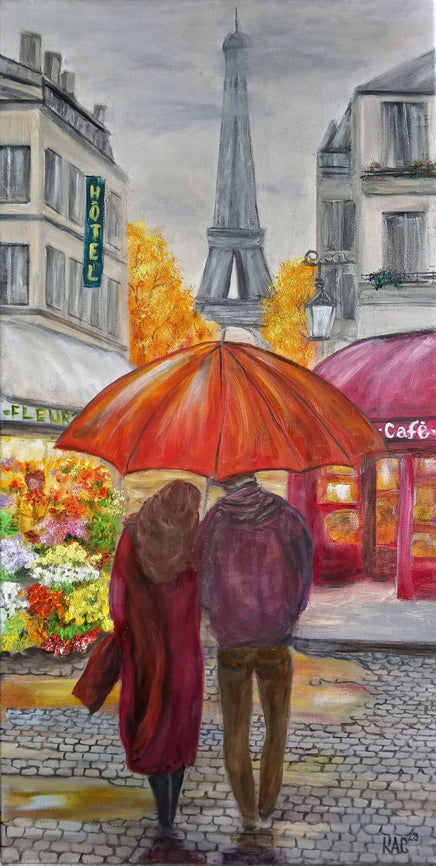 Paris-Autumn-Eiffel-Tower-lovers-cafes-rain-umbrella-love-City-of-Love-Original-Hand-Painted-Oil-Painting-still-life-on-canvas-for sale-by-artist