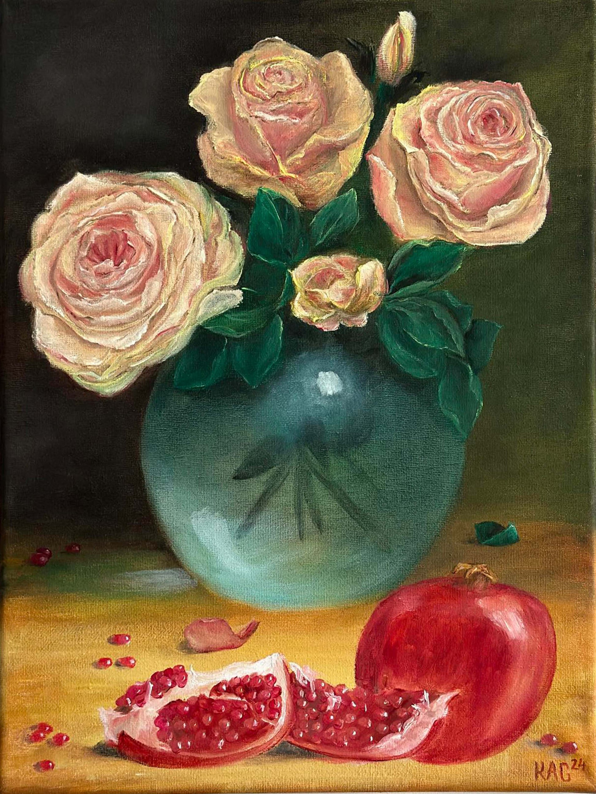 Original oil painting featuring soft pink roses in a green glass vase next to a whole and sliced ripe pomegranate on a golden surface.